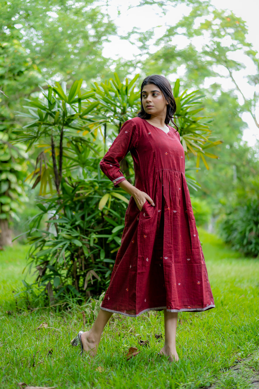 Maroon Jamdani Panel Dress