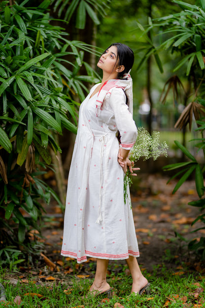 White & Red Wrap Jamdani Dress