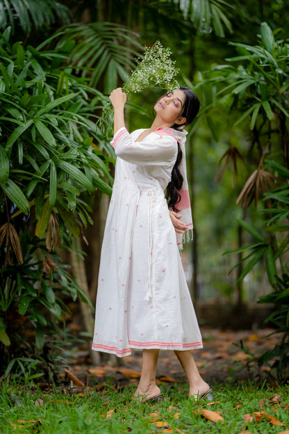 White & Red Wrap Jamdani Dress