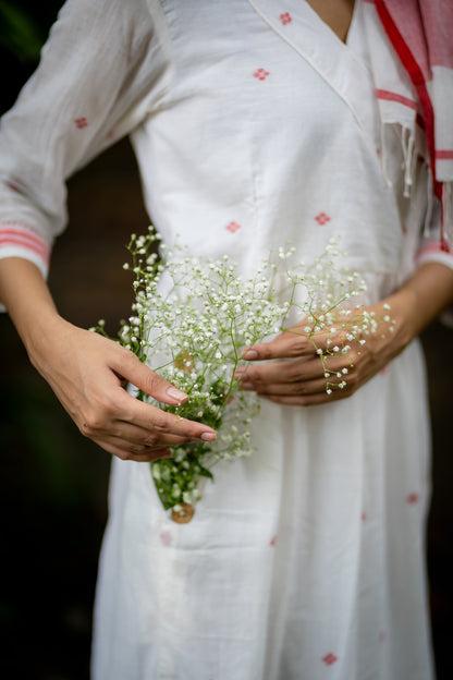 White & Red Wrap Jamdani Dress