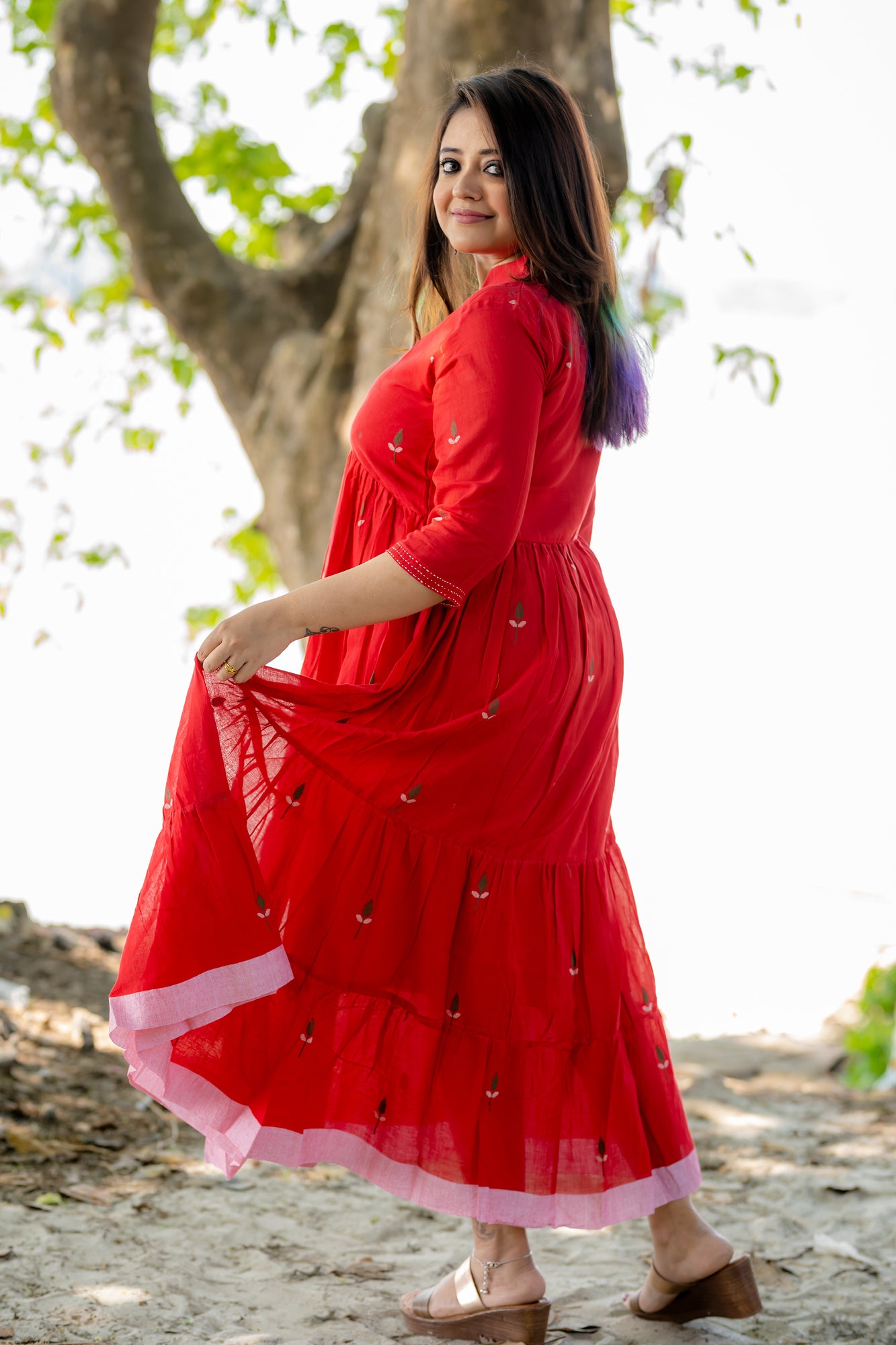sindoori red jamdani tier dress