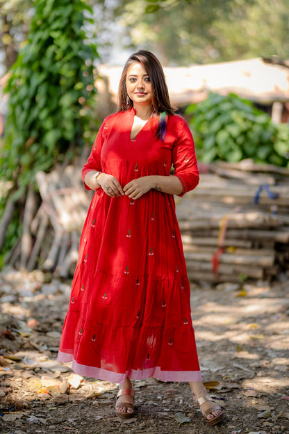 sindoori red jamdani tier dress