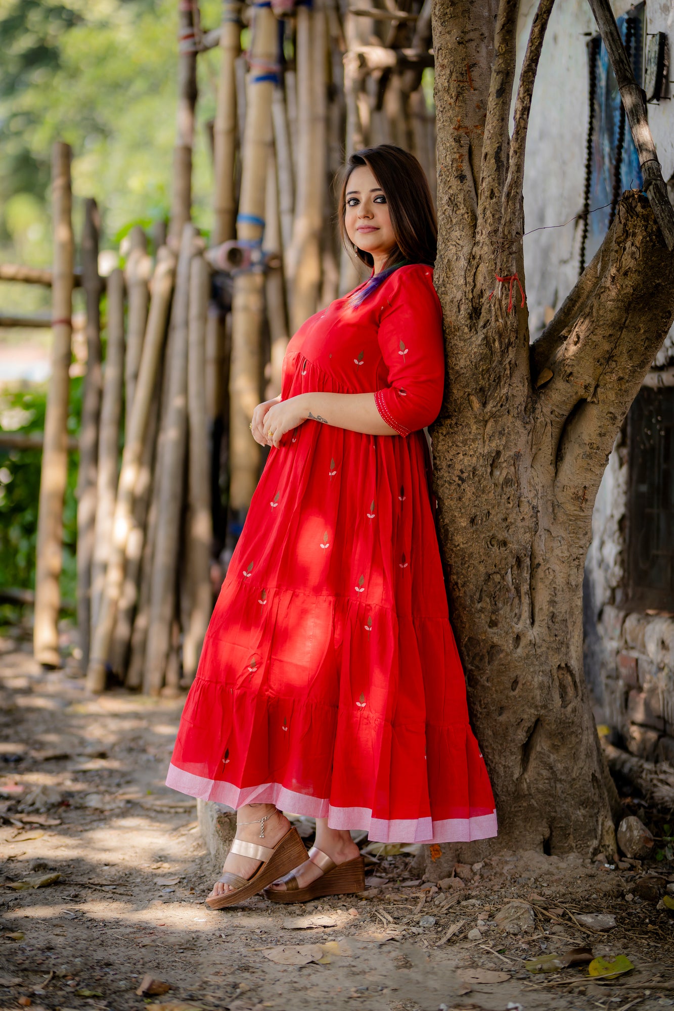 sindoori red jamdani tier dress
