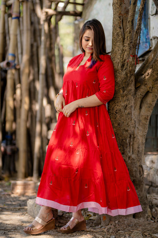 sindoori red jamdani tier dress