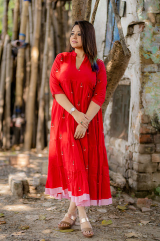 sindoori red jamdani tier dress