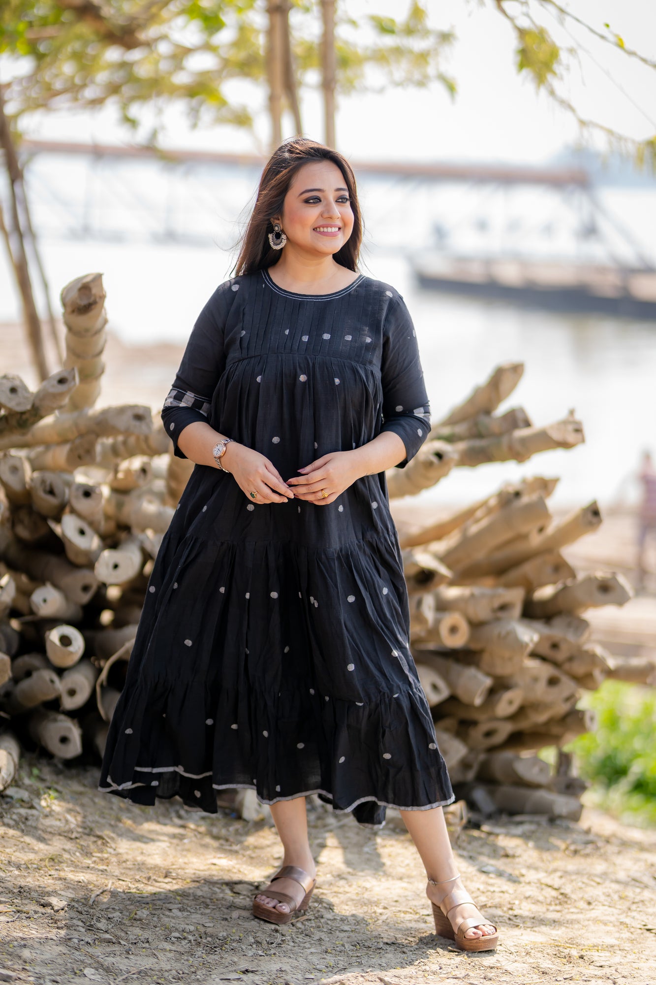 polka dot black tier jamdani with pleated yoke