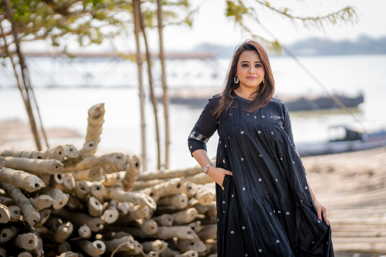 polka dot black tier jamdani with pleated yoke