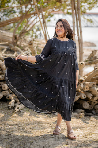 polka dot black tier jamdani with pleated yoke