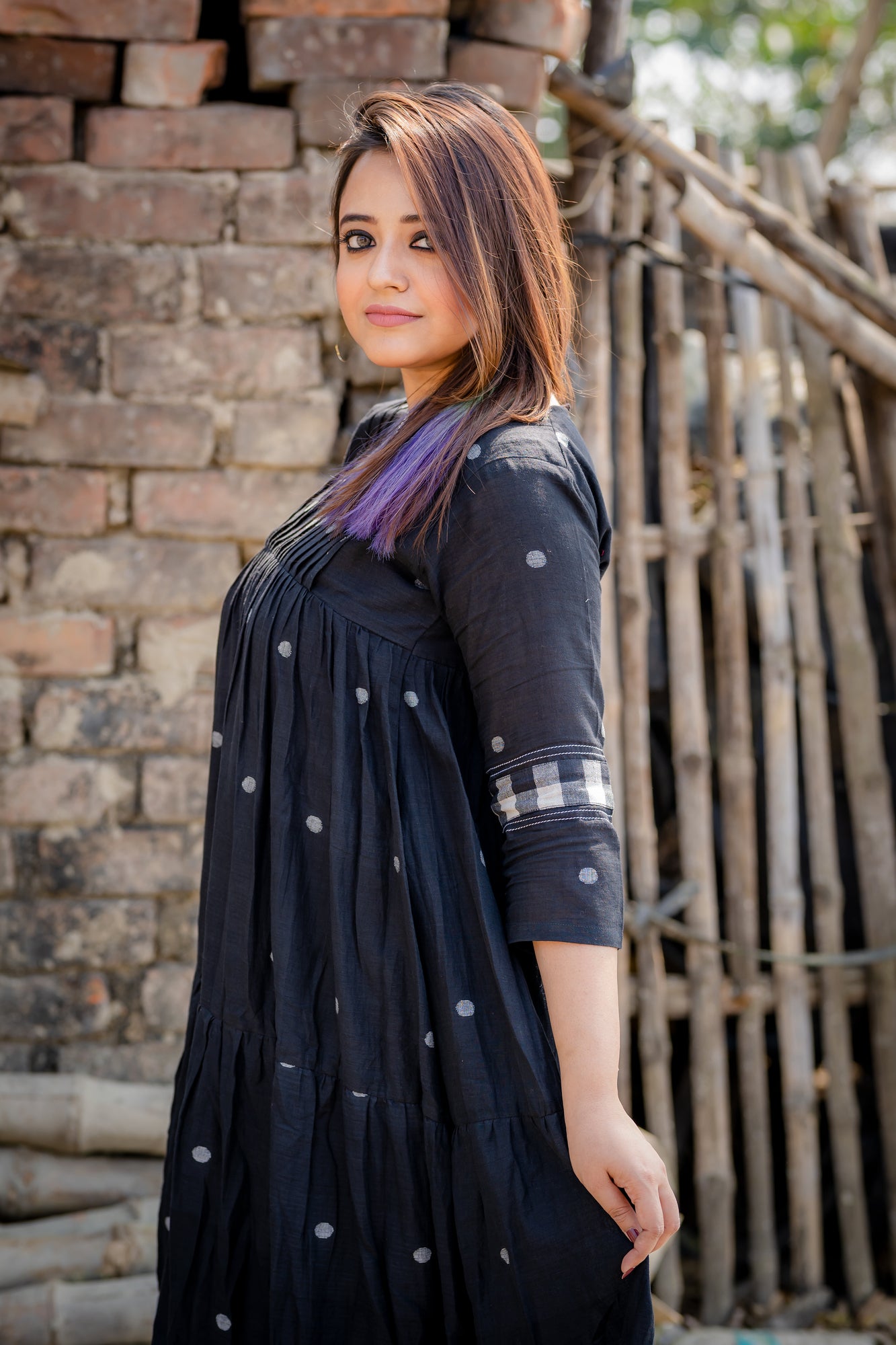 polka dot black tier jamdani with pleated yoke
