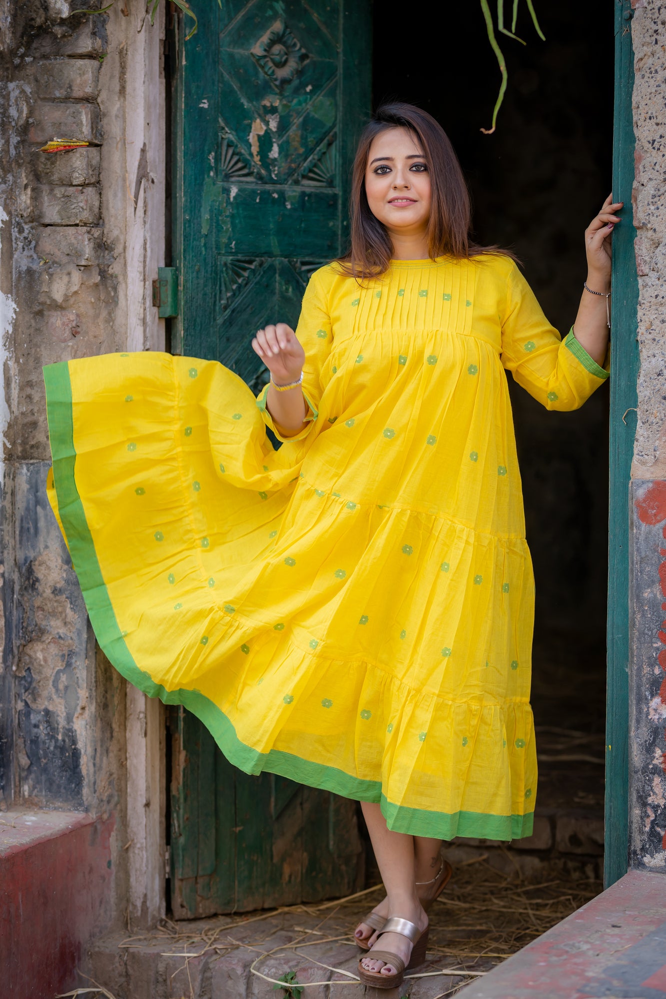 yellow jamdani tier dress with pleated yoke