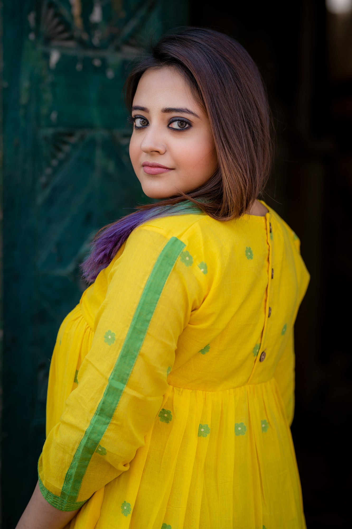 yellow jamdani tier dress with pleated yoke