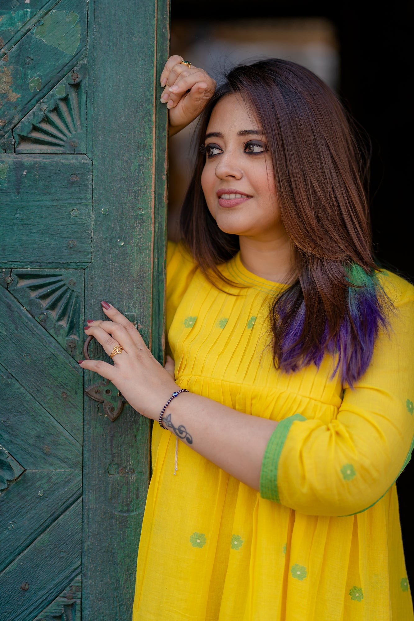 yellow jamdani tier dress with pleated yoke