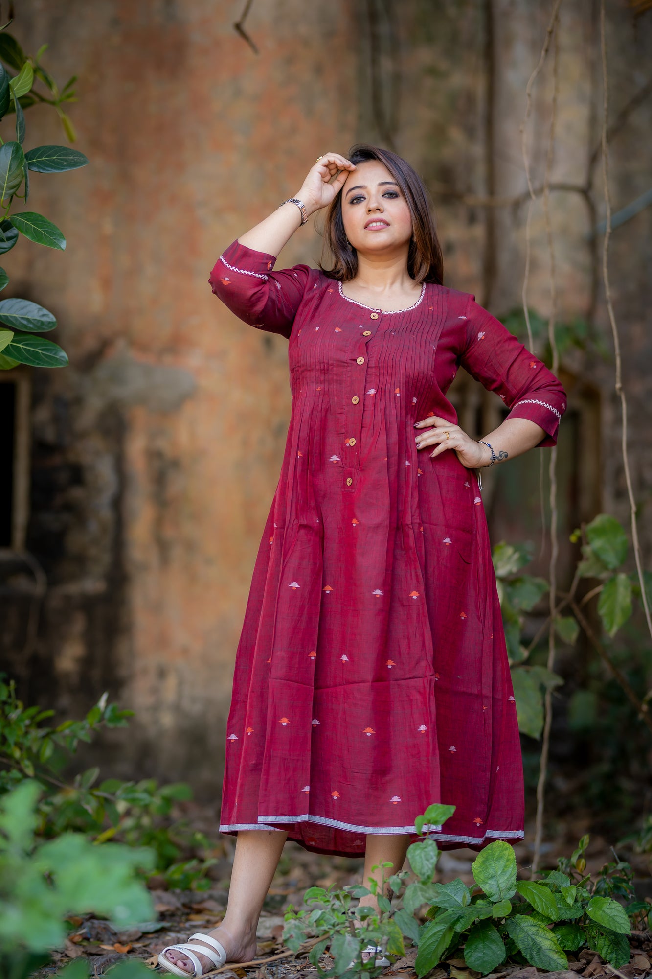 plum jamdani pleated dress