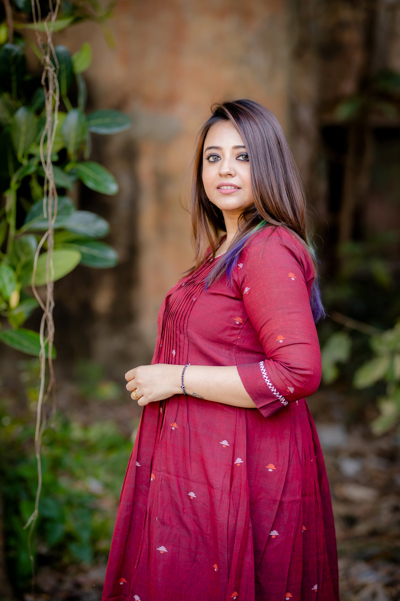 plum jamdani pleated dress