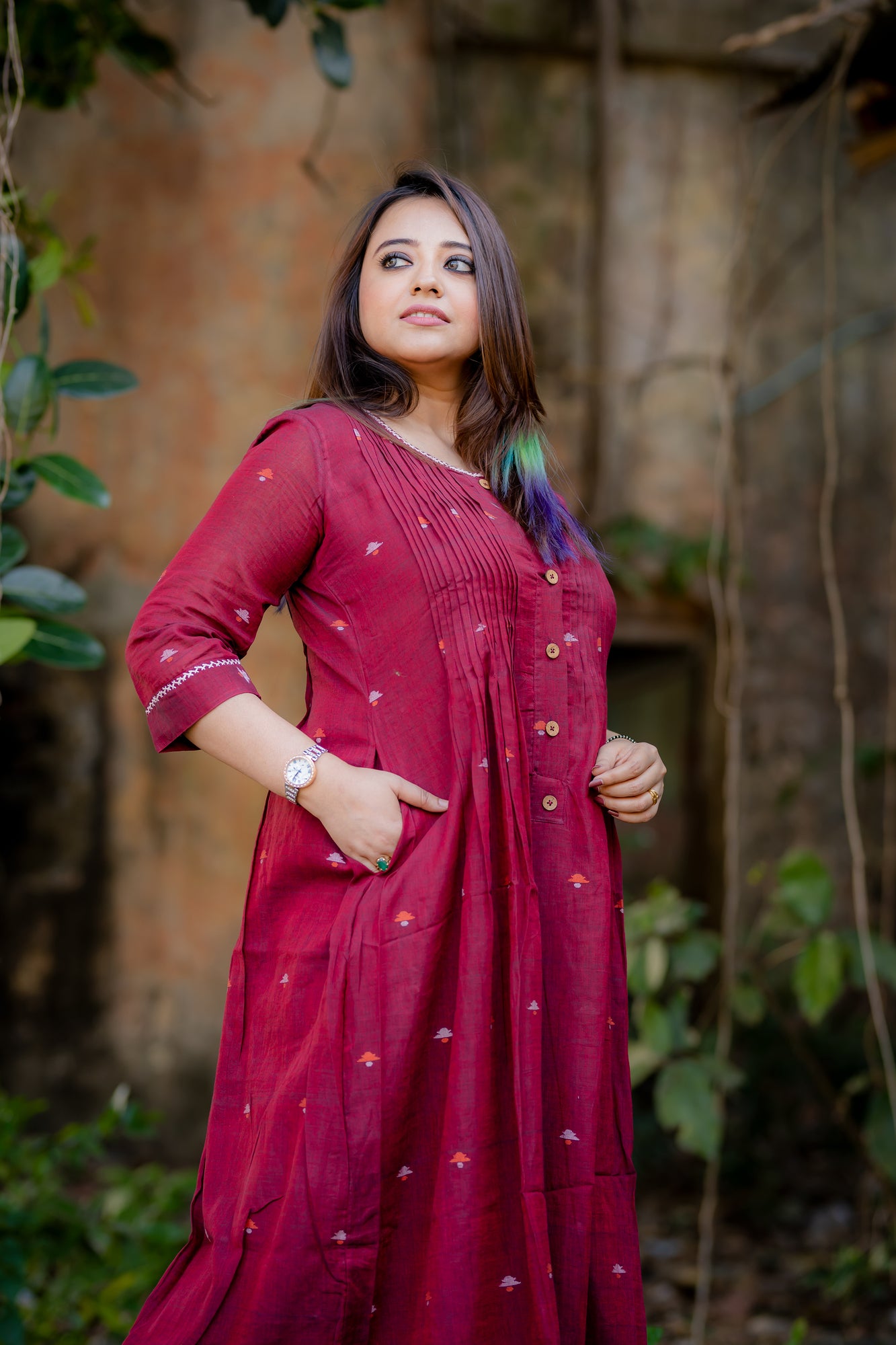 plum jamdani pleated dress