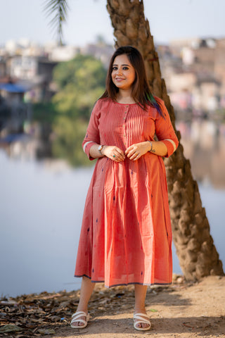 salmon pink jamdani pleated dress