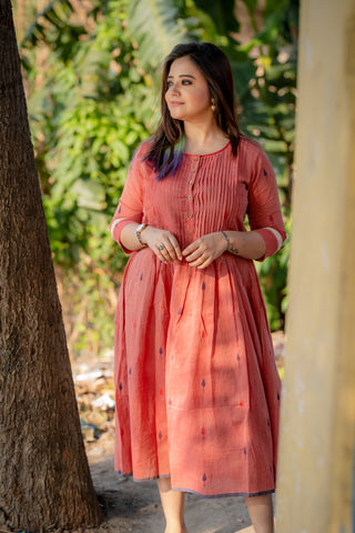 salmon pink jamdani pleated dress