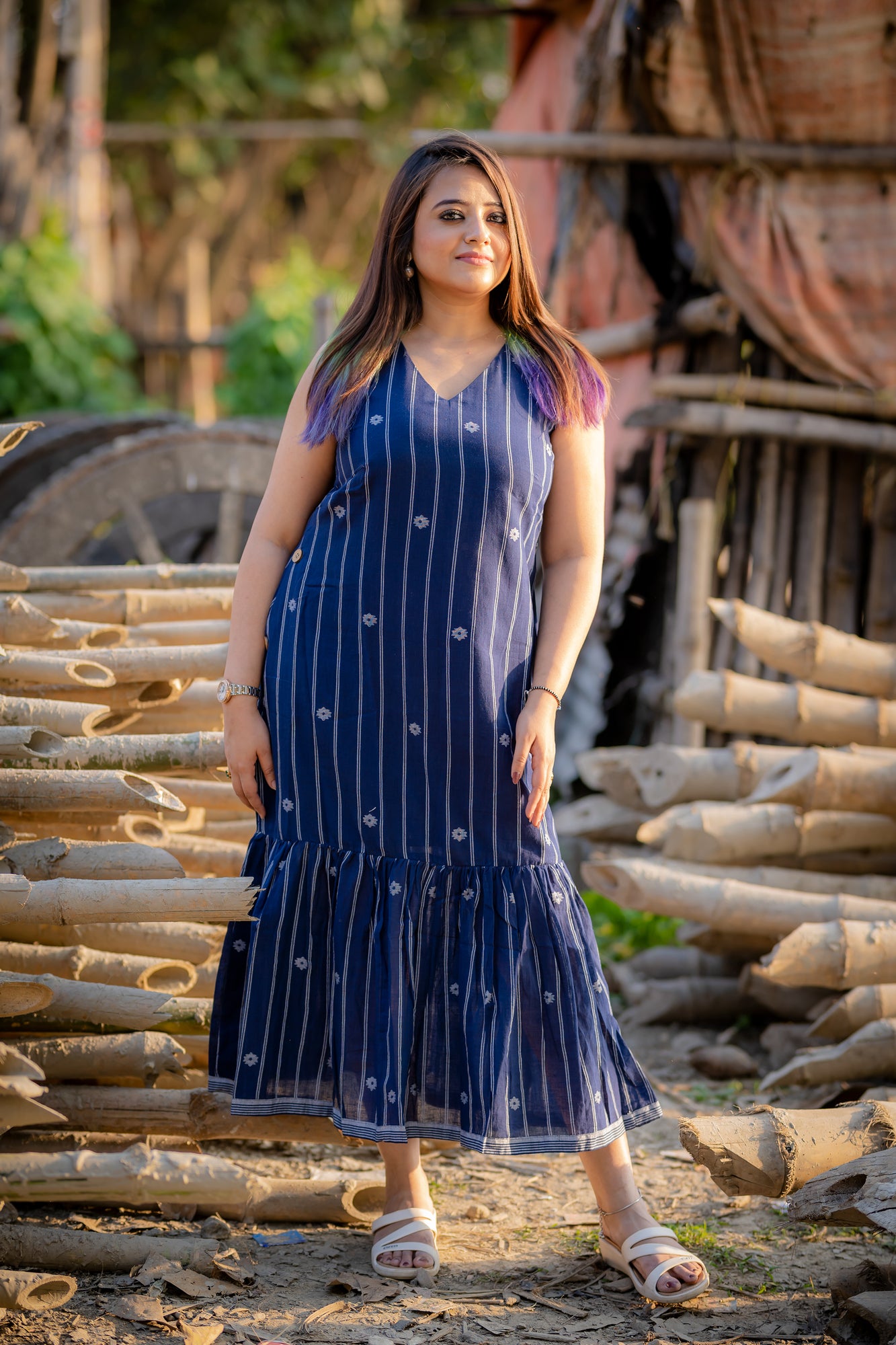 indigo stripes and buta jamdani dress