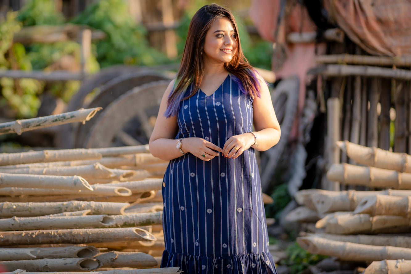 indigo stripes and buta jamdani dress