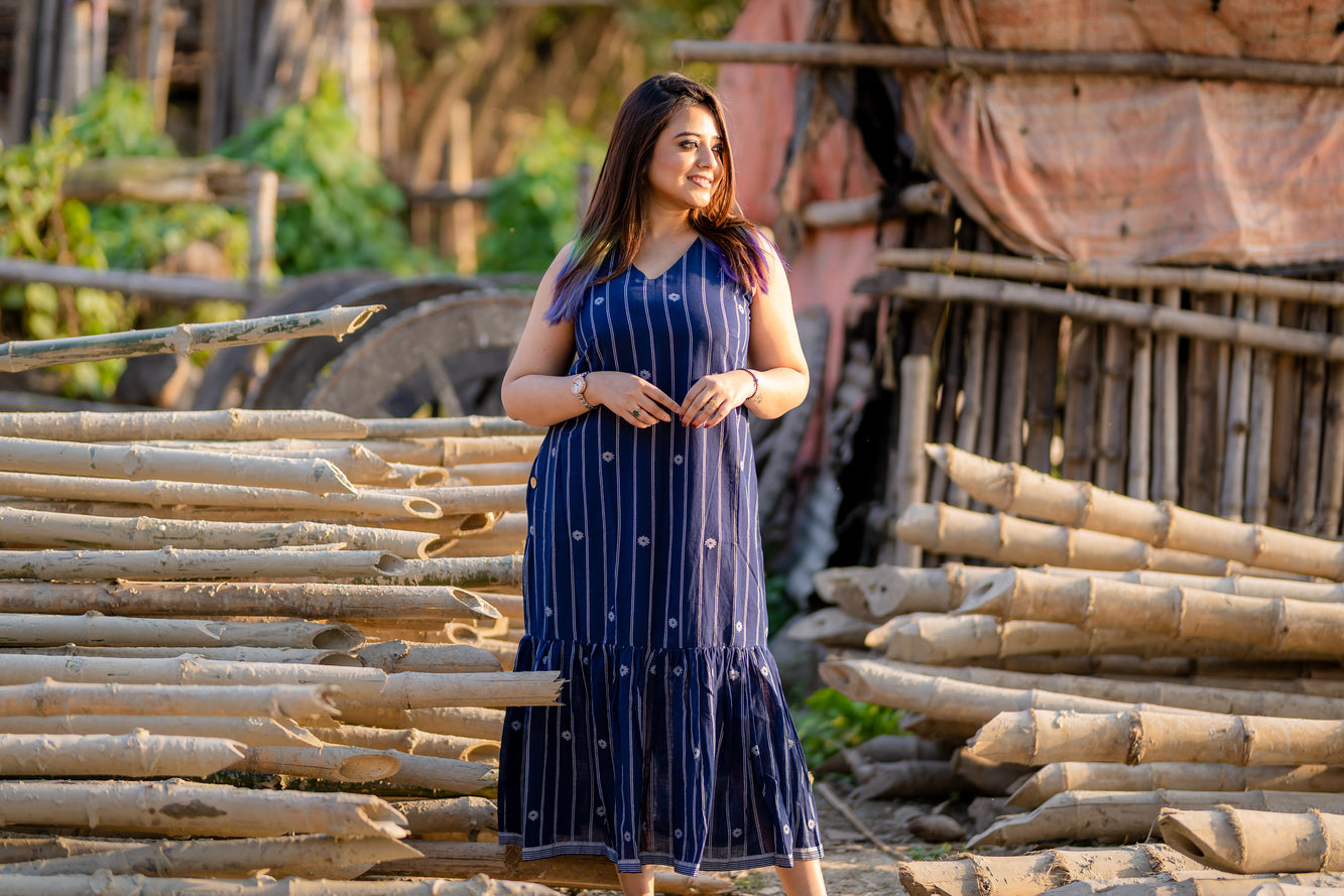 indigo stripes and buta jamdani dress