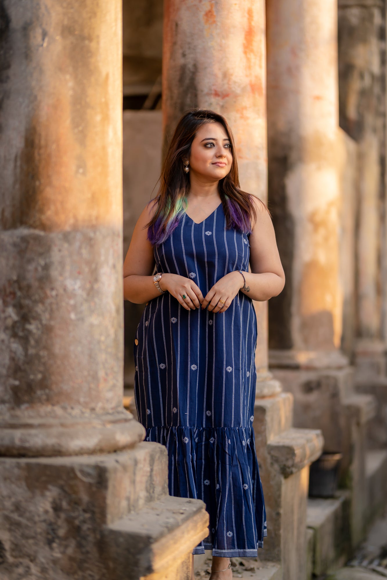 indigo stripes and buta jamdani dress