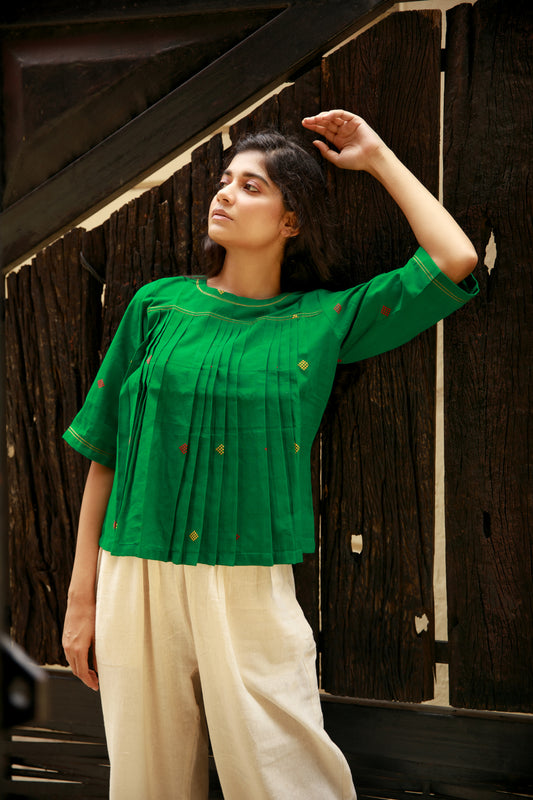 Khadi Jamdani green pleated top