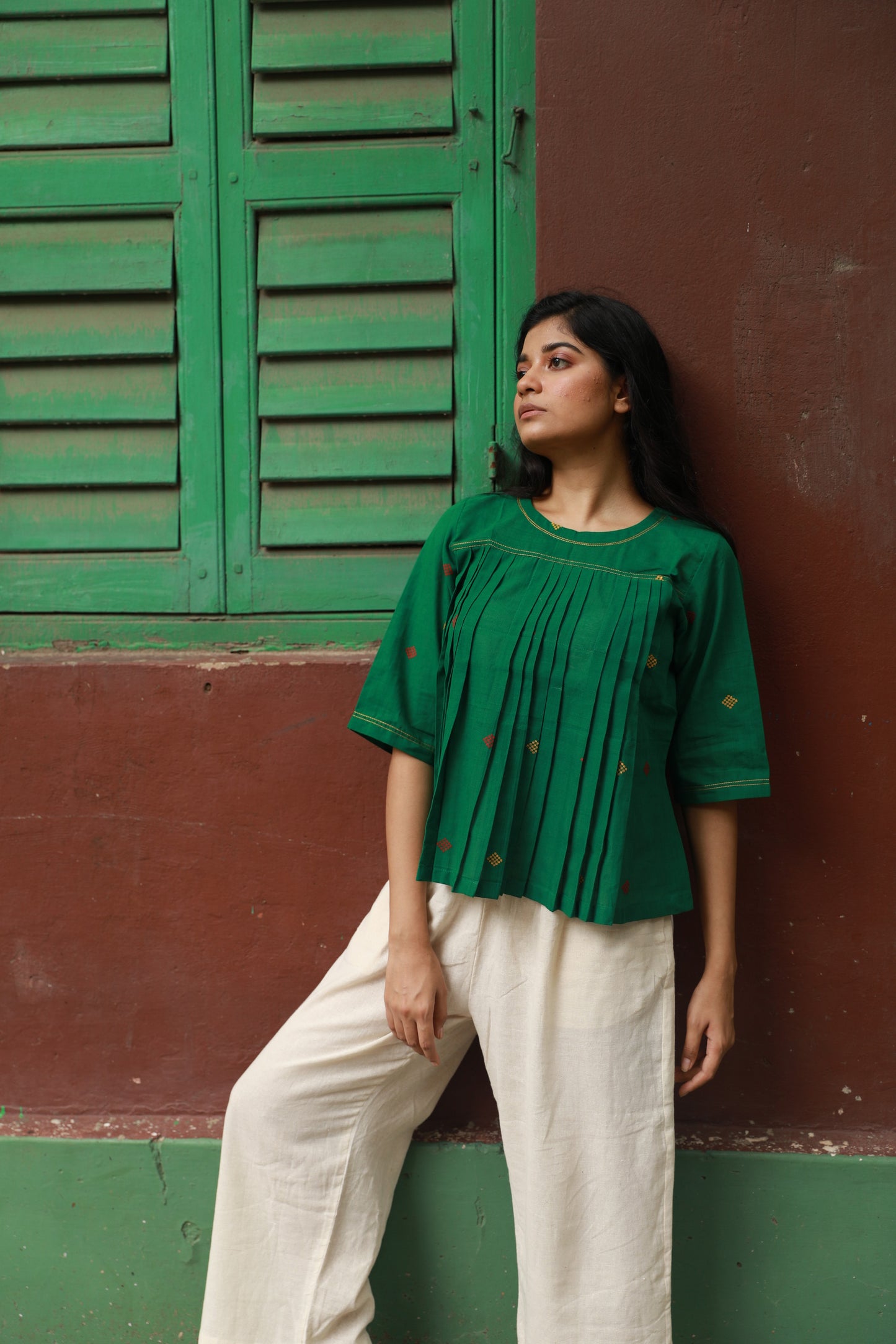 Khadi Jamdani green pleated top