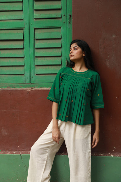 Khadi Jamdani green pleated top