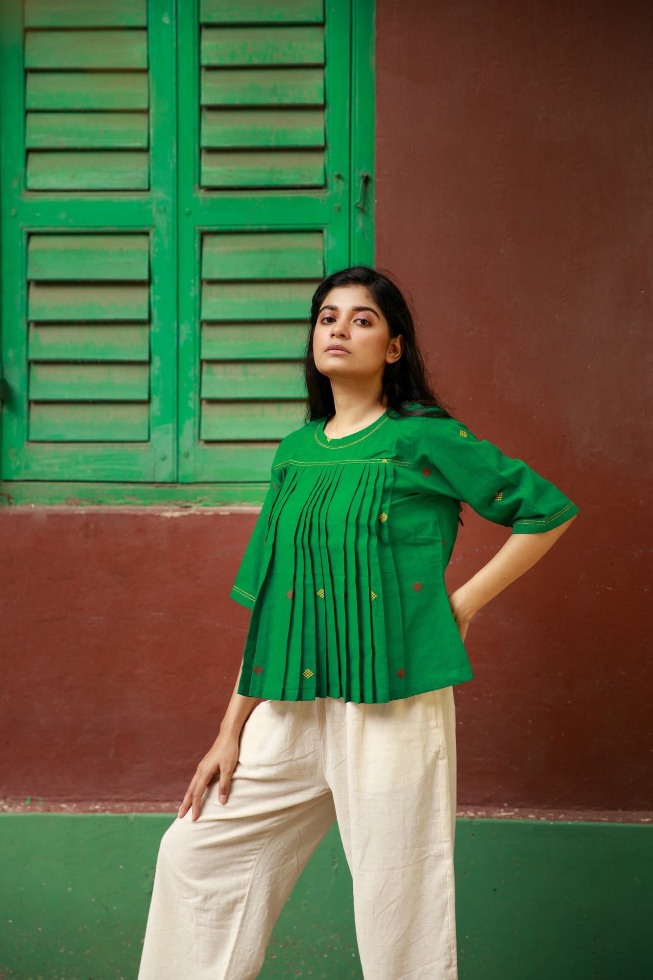 Khadi Jamdani green pleated top