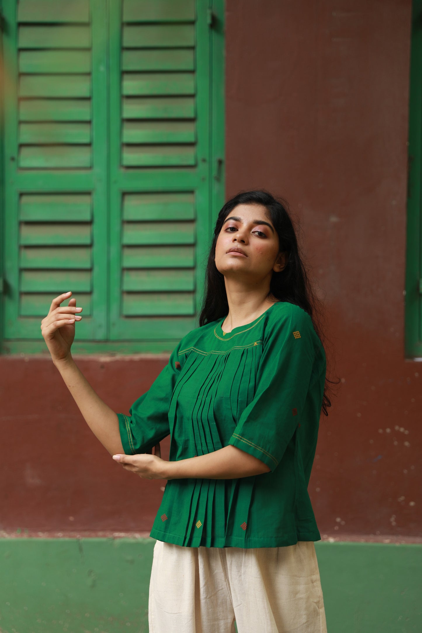 Khadi Jamdani green pleated top