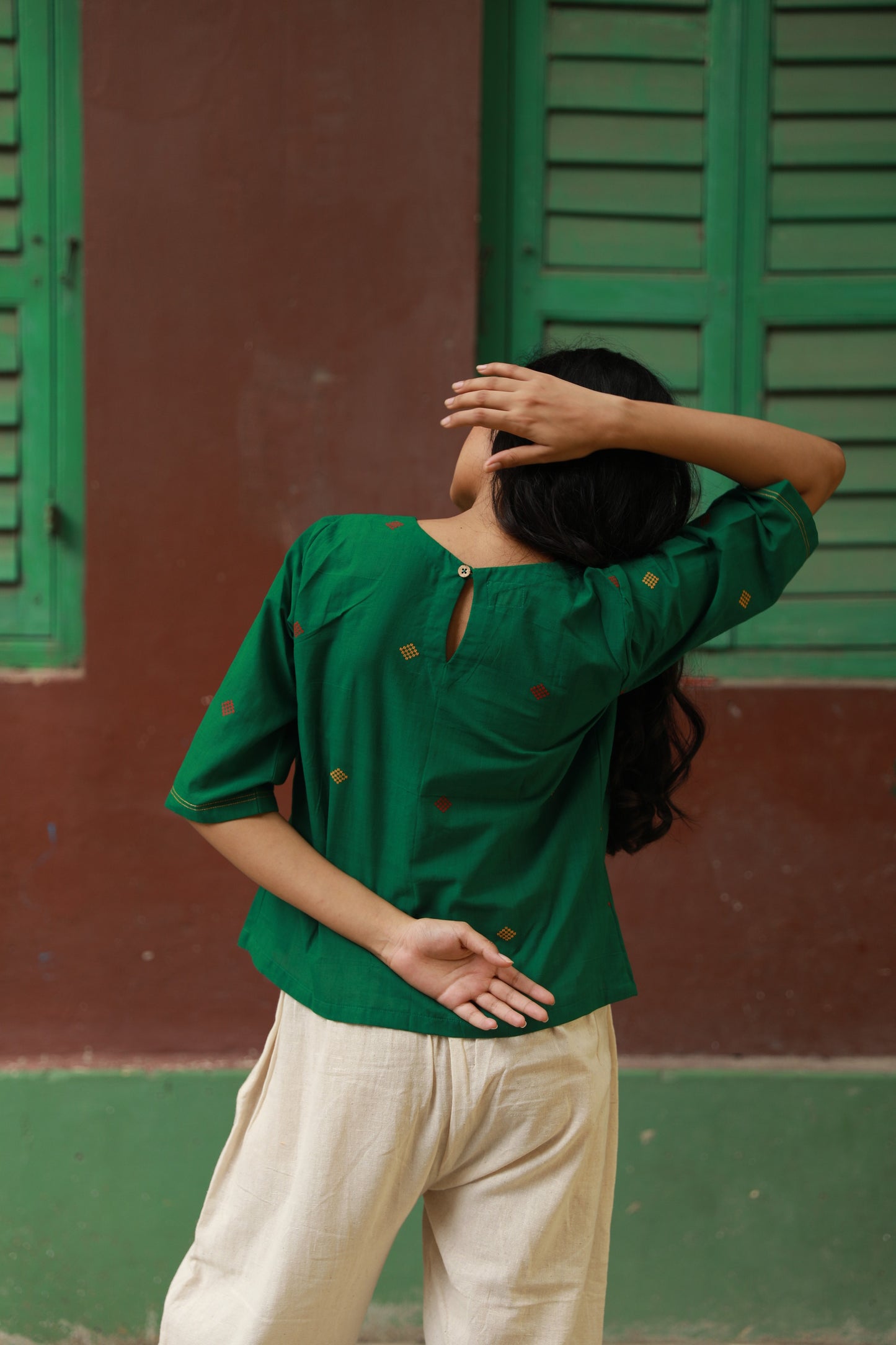 Khadi Jamdani green pleated top