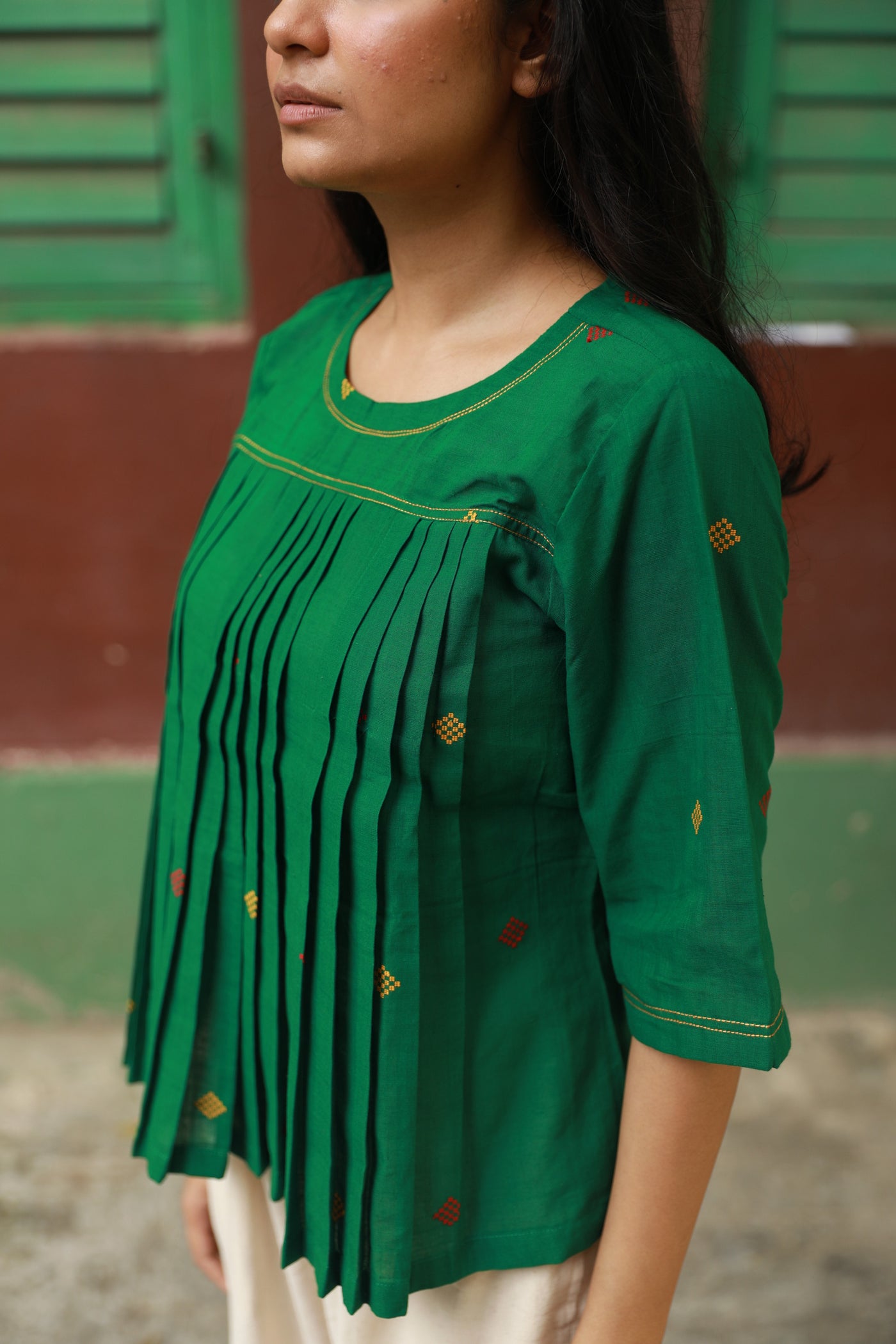 Khadi Jamdani green pleated top