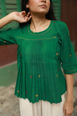 Khadi Jamdani green pleated top