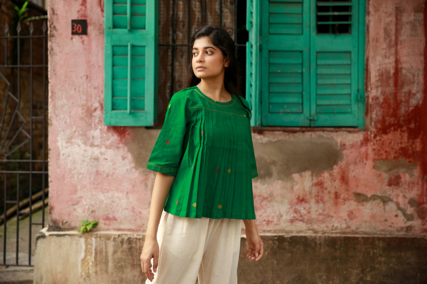 Khadi Jamdani green pleated top