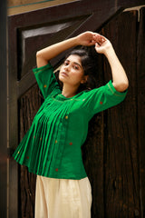 Khadi Jamdani green pleated top